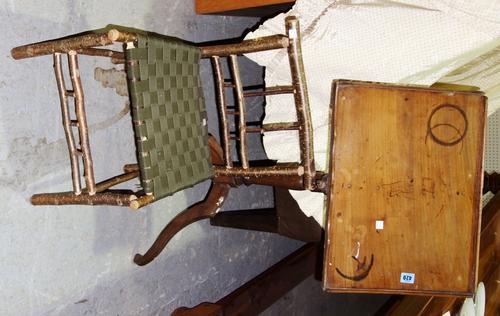A rectangular mahogany tripod table, and a naturalistic child's chair. (2)