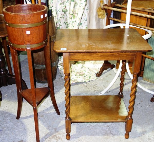 A 20th century oak two tier side table, a 20th century coffee table and a jardiniere stand. (3)