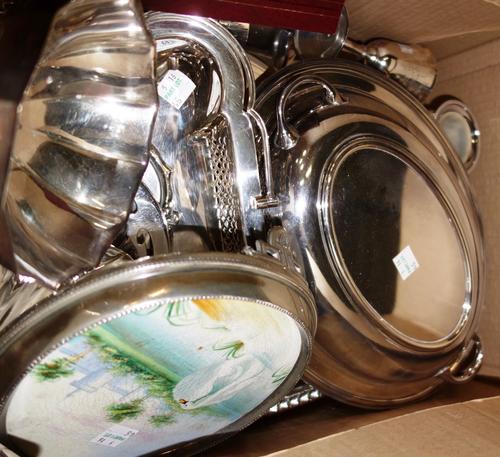 A group of silver plated wares, to include a gallery tray, an entree dish, a painted porcelain coaster, a pair of goblets and sundry. (qty)