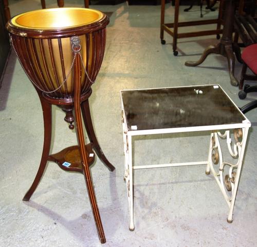 An Edwardian marquetry inlaid jardiniere on three splayed supports, together with a mirror top gold and cream painted metal occasional table. (2)