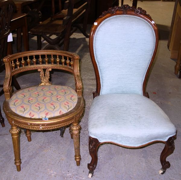 A Louis XVI style gilt framed tub chair, together with a Victorian mahogany framed nursing chair. (2)