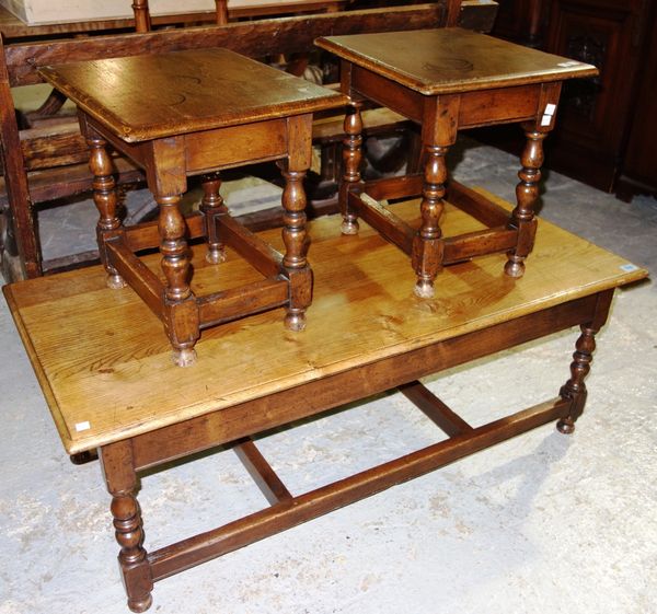 A rectangular oak coffee table of 17th century design, together with a pair of similar square tables. (3)
