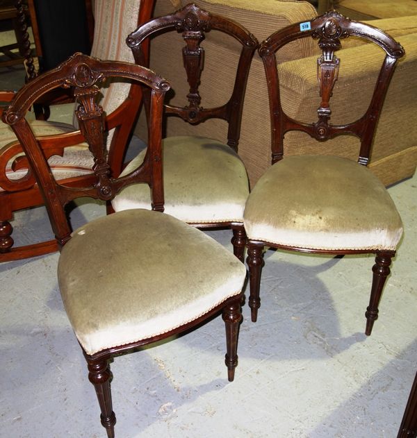 A set of six Victorian walnut framed dining chairs, together with a pair of oak framed dining chairs. (8)