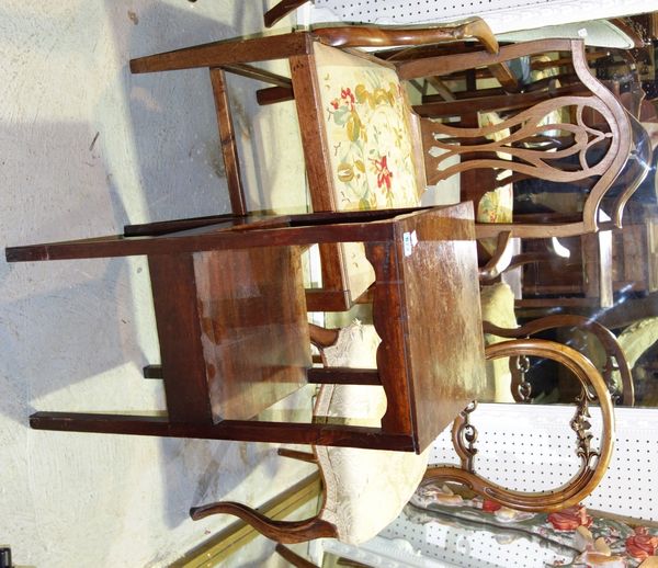 A 19th century open armchair, a balloon back chair, and a two tier night stand. (3)