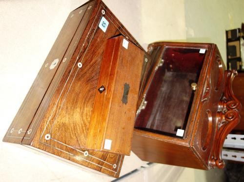 A rosewood and mother of pearl inlaid writing slope, together with a mahogany cased cigar display case and a small mahogany glove box. (3)