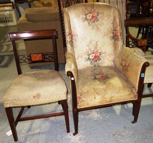 A mahogany framed upholstered armchair, and two dining chairs. (3)