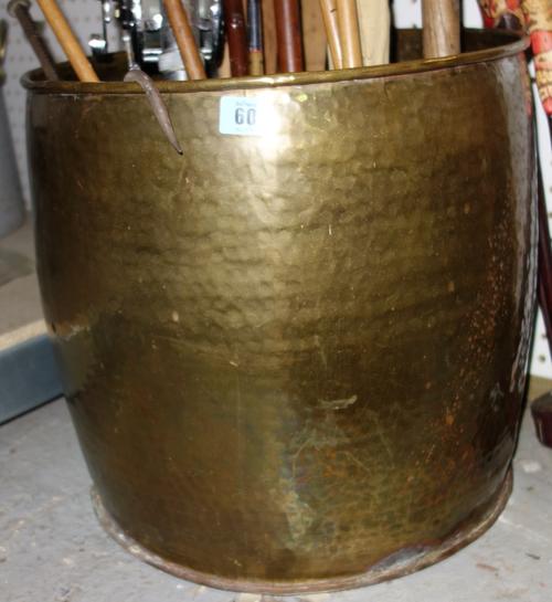 A gilt metal six branch chandelier, together with another, and a brass log basket. (3)