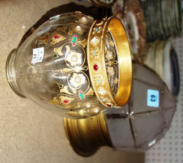 A brass and glass ceiling light, and a jewelled glass vase. (2)