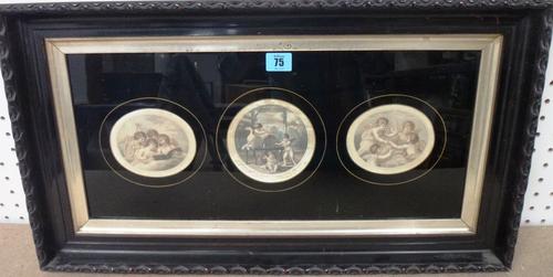 A group of three Bartolozzi prints framed as one, and five further similar, circular and oval.(6)