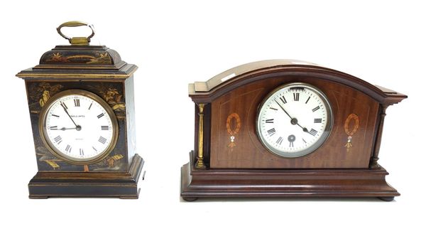 A Chinoiserie decorated mantel clock, 20cm high, and an Edwardian mahogany cased mantel clock, with two keys. (2)
