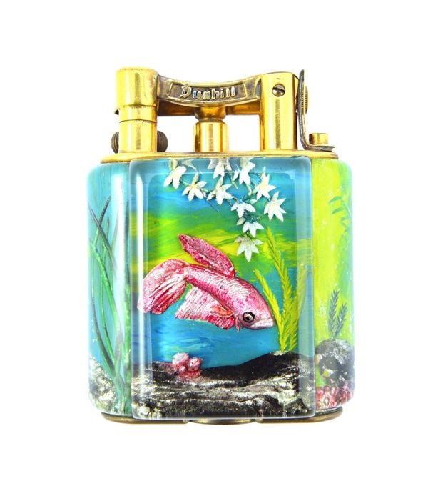 A Dunhill 'Aquarium' table lighter of Service size, circa 1950, designed and made by Ben Shillingford, gilt metal and painted perspex, detailed with t