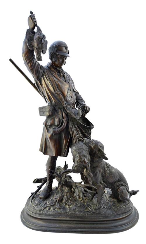 E. Delabrierre (1829-1912), 'Le Coup Double', a patinated bronze sculpture modelled and cast as a hunter and dog, each with a captured game, signed an