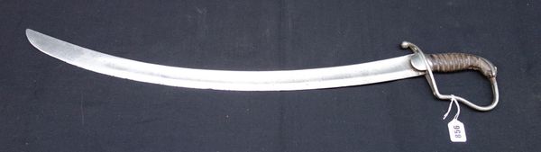 A cavalry sabre, early 19th century, with curved plain steel blade (70cm), steel knuckle bow hilt and a ribbed wooden grip.