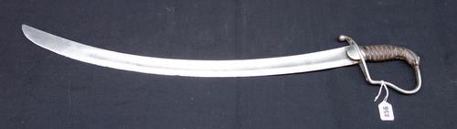 A cavalry sabre, early 19th century, with curved plain steel blade (70cm), steel knuckle bow hilt and a ribbed wooden grip.