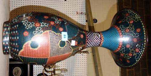 A quantity of Oriental items including a hardwood twin handled tray with inset tapestry panel, a large cloisonné vase, a pair of smaller cloisonné vas