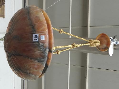 An alabaster dish light, late 19th century, of lobed circular form, suspended on three later gilt ropes, 40cm diam.