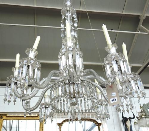 A ten branch cut glass chandelier, with baguette frieze and prism drops, 107cm high x 81cm diam.