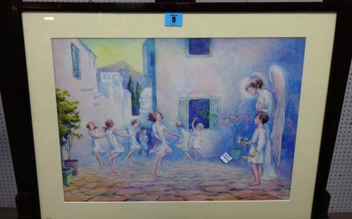 Barham (20th century), Girls dancing in a ring, watched by an angel and a boy, watercolour, signed.