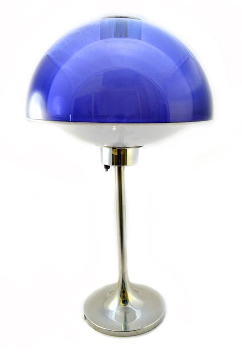A Robert Welch 'Lumitron' table lamp, circa 1966, domed purple perspex shade over an anodised aluminium tapering circular base, partial label, 65cm hi