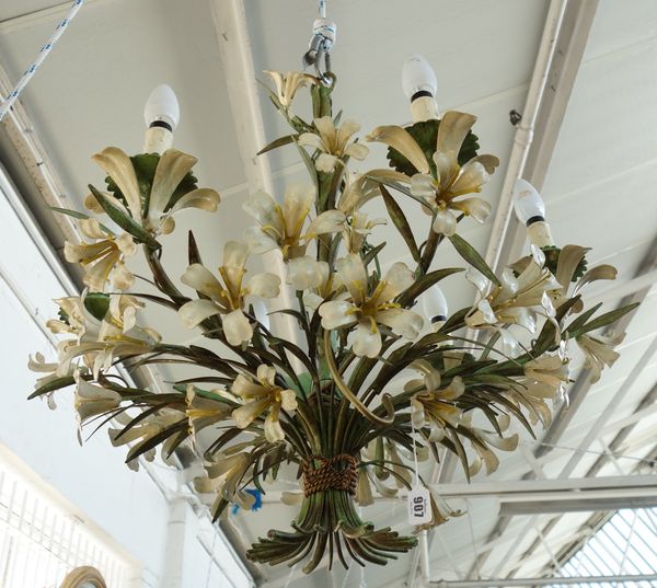 A polychrome painted metal six light electrolier, 20th century, of intertwined floral form, 62cm high.