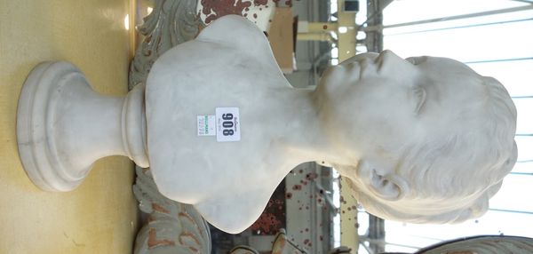 A white marble female bust, early 20th century, depicting a young girl atop a socle, unsigned, 45cm high.