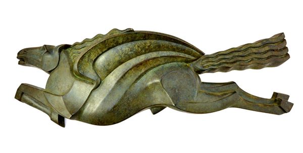 An Art Deco green patinated bronze wall plaque, modelled and cast as a winged flying horse, unsigned, 60cm wide.  Illustrated