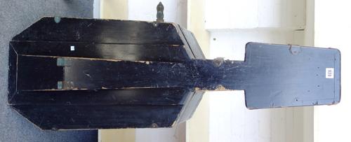 An Art Deco ebonised and brass mounted cello case, with red felt lined interior, 130cm high.