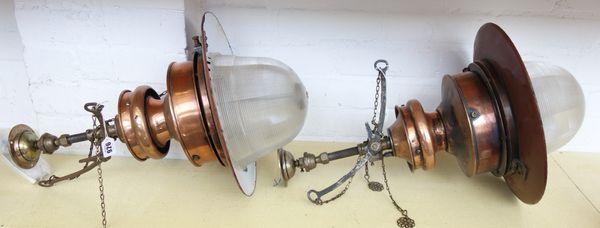 A pair of industrial copper and enamel ceiling lights- Ex Long Melford railway station, early 20th century (formerly gas or oil lit), of circular step