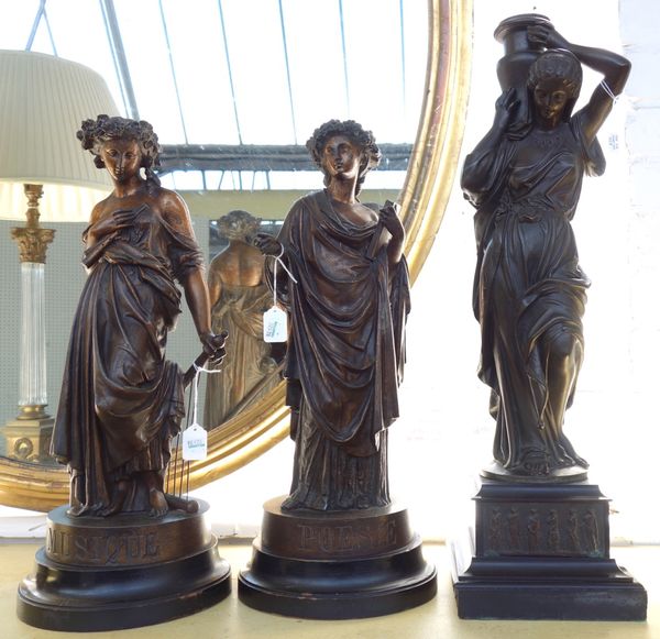 A pair of patinated spelter figures, early 20th century, modelled and cast as classical maidens and titled 'Poesie' and 'Musique', each on an ebonised