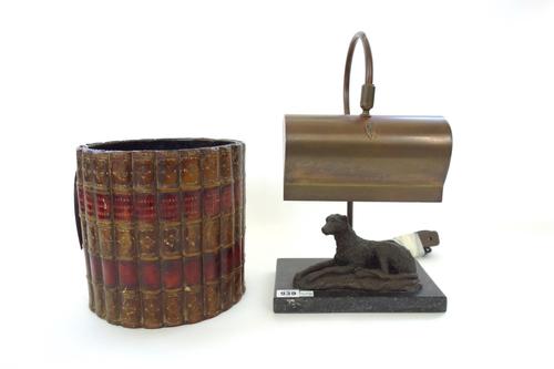 A modern tole piente basket of shallow shaped form, centred with an interior scene and with a wide gilt border, together with a copper and polished gr