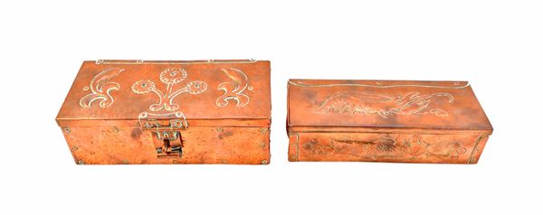John Pearson; an Arts and Crafts copper box, circa 1900, of rectangular form, with hinge and loop lock and a wooden interior, the lid embossed with a