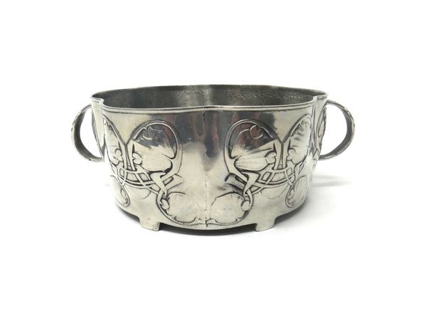 A Liberty & Co Tudric pewter two handled bowl, relief cast with an Art Nouveau foliate design, numbered 0755, 29cm across the handles.
