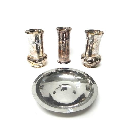 A pair of Keswick silvered copper vases, each relief cast with a band of moulded decoration, 20cm high, together with a Keswick silvered copper sleeve