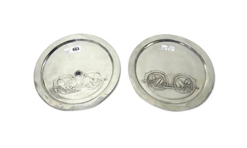 A Liberty & Co circular Tudric pewter charger, with turquoise coloured cabochon stone and relief cast Art Nouveau foliate decoration, numbered 0163, 2