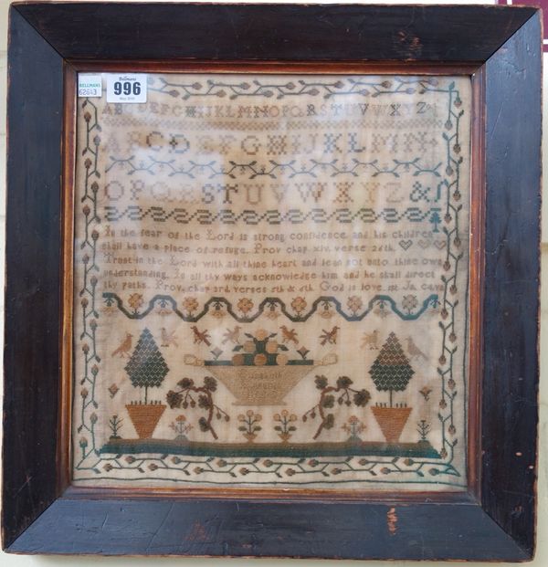 An alphabet sampler, early 19th century, with religious verse over trees and flowers, 32cm x 30cm, and a small picture of Mrs Walker Heneage, 19th cen
