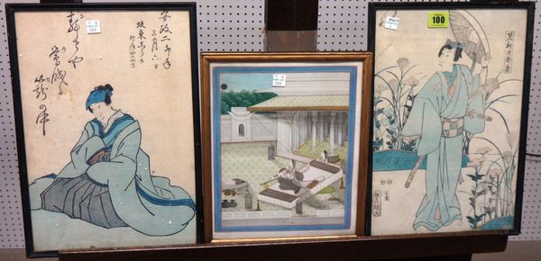 Two Japanese woodblock prints, each 35cm x 23cm.; together with an Indian style gouache.(3)  CW