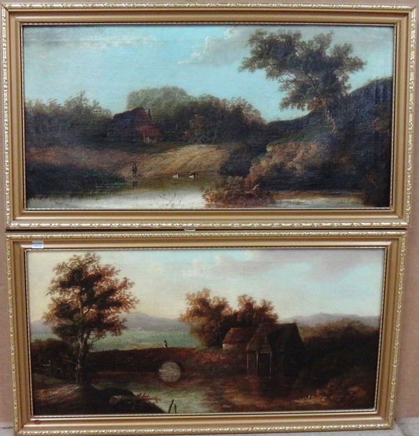 C. Morris (c.1900), Figure by a pond; River scene with figure on a bridge, a pair, oil on canvas, both signed, each 29cm x 60cm.(2)  H1