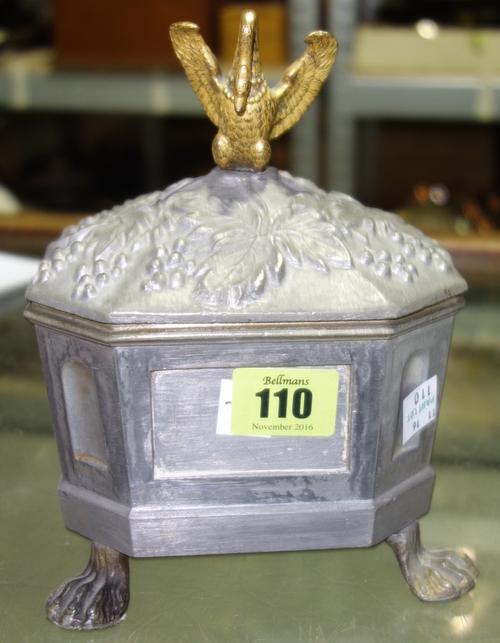 A group of Masonic dress items relating to Canada and a pewter tobacco box and cover with gilt swan surmount.  CAB