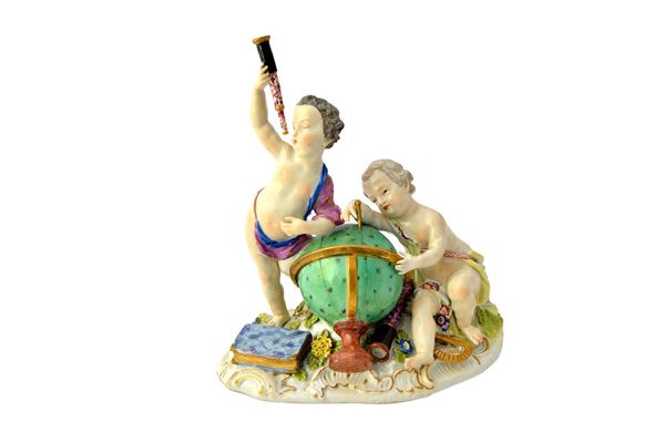 A Meissen group of two putti emblematic of astronomy, mid 18th century, blue crossed swords mark, modelled with a globe, compass and telescope, 17.5cm