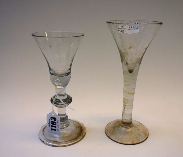 A mid 18th century wine glass, with bell bowl, annulated knop and a folded foot, 16cm high, and one further 18th century wine glass of drawn trumpet f