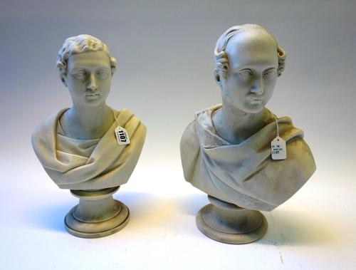 A Royal Worcester parian bust, circa 1864, depicting Edward Prince of Wales, on a socle base, with blue printed mark, 33.5cm high and one further pari