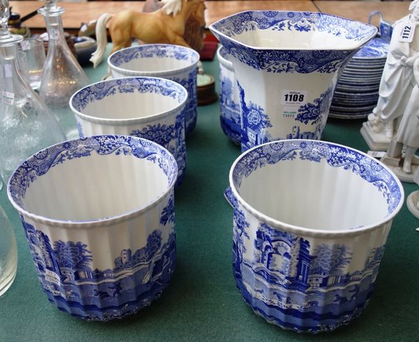 Four Spode 'Italian' pattern circular fluted jardinieres, 16.5cm high, one larger, and a Spode vase of tapering hexagonal form, 27.5cm high (6).  Prop