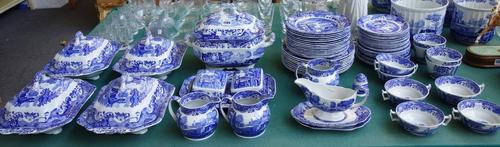 A Spode 'Italian' pattern part dinner service, 20th century, comprising; a large lidded two handled tureen (34cm wide), four smaller tureens and cover