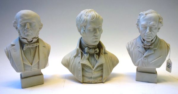 Two parian ware busts by Robinson & Leadbeater, late 19th century, depicting Gladstone and Disraeli and one further parian bust lacking base, the firs