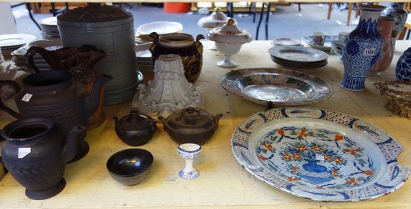 A quantity of ceramics, including; a 19th century Spode basalt part tea service, a stoneware cheese dish and circular domed cover, stamped 'Corinth' t