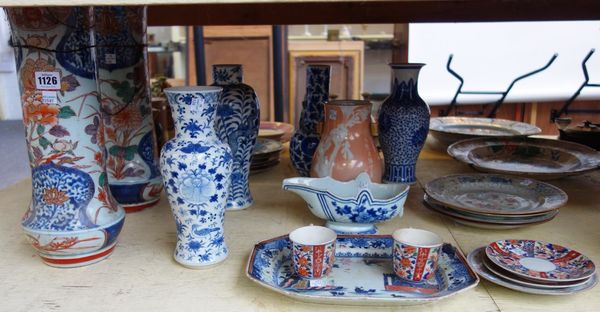 A quantity of Oriental and similar ceramics, including; a large pair of Japanese Imari vases, circa 1700, of waisted form, 42cm high, two Chinese 19th
