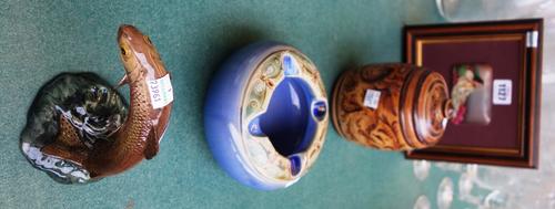 A Dresden porcelain plaque, late 19th century, depicting a reclining lady, 8cm x 5cm, a Royal Doulton stoneware ashtray, a Doulton stoneware tobacco j
