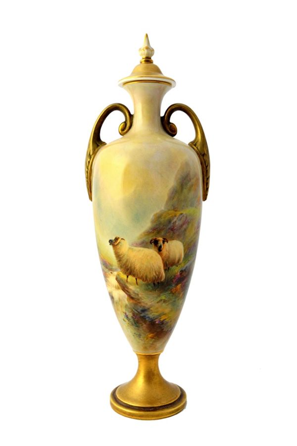 A Royal Worcester two-handled vase and cover by Harry Davis, date code for 1922, puce printed mark, shape number 2710, painted with two highland sheep