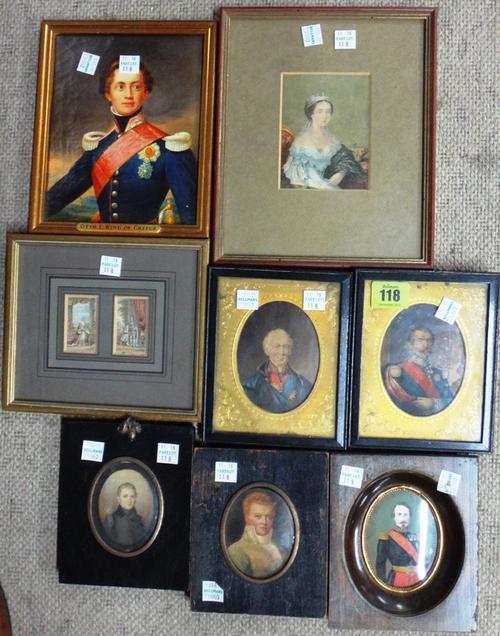 A small group of portrait miniatures, some printed, some original and three Baxter prints.(8) Property from the estates of the late Adrian Stanford an