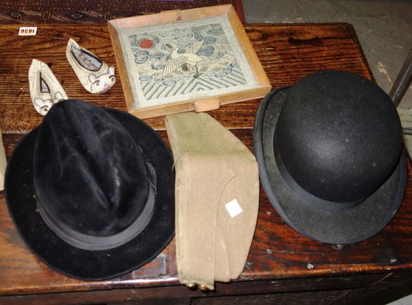 A quantity of textiles, including an embroidered silk panels, hats and sundry (qty). S2T